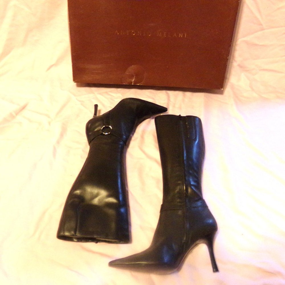 ANTONIO MELANI BLACK LEATHER BOOTS RHINESTONE TRIM NEW  8-1/2M